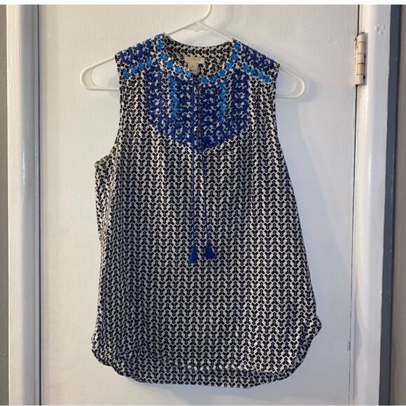 J Crew Embroidered Pri Ted Cotton Tank Top with Tie Tassel Size 00 - Picture 3 of 8